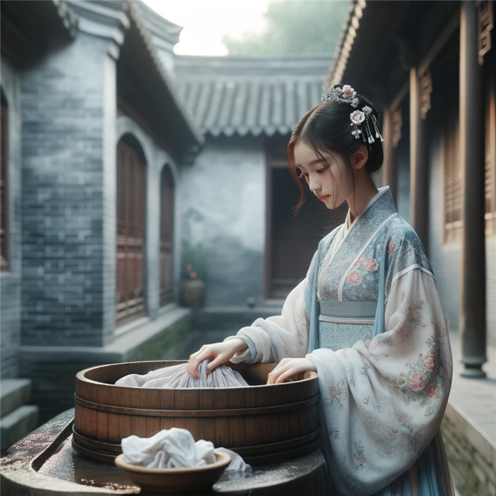 new_DALL·E 2023-12-06 20.49.08 - A serene scene set in the Qing Dynasty. The focus is on a young girl, dressed in a traditional Qing attire with delicate floral patterns and intricate.png