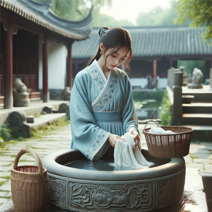 new_DALL·E 2023-12-06 20.41.59 - Create an image of a young girl during the Qing Dynasty period. She is standing by a traditional stone washbasin outdoors, surrounded by an ancient Ch.png