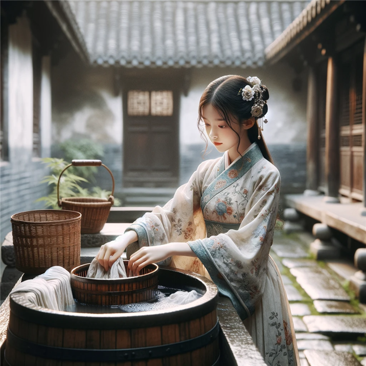 new_DALL·E 2023-12-06 20.49.10 - A serene scene set in the Qing Dynasty. The focus is on a young girl, dressed in a traditional Qing attire with delicate floral patterns and intricate.png